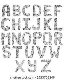 Creative English alphabet with letters designed in a braided leaf style. Hand-drawn artistic typography perfect for branding, design projects, posters, greeting cards, and decorative compositions