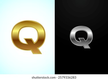 Creative English letter Q in gold and silver color style. Graphic alphabet symbol