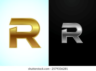 Creative English letter R in gold and silver color style. Graphic alphabet symbol