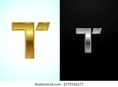 Creative English letter T in gold and silver color style. Graphic alphabet symbol