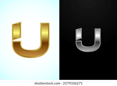 Creative English letter U in gold and silver color style. Graphic alphabet symbol