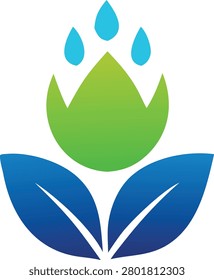 Creative environmental logo featuring blue leaves green floral petals and water droplets for sustainable water conservation themes modern flat vector icon isolated on grid.
