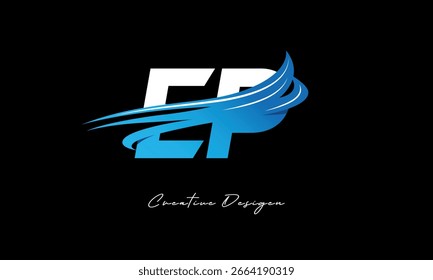 Logotipo de letra inicial de EP creativo con Elementos de onda azul. Diseño de marca creativa moderna sobre fondo negro