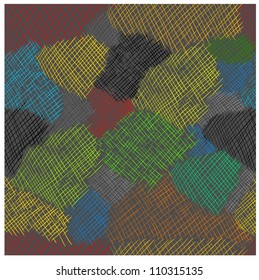 Creative eps 10 vector seamless pattern, reminds of variegated linen cloth fragments on dark grey background. Hatching was drawn on graphic tablet