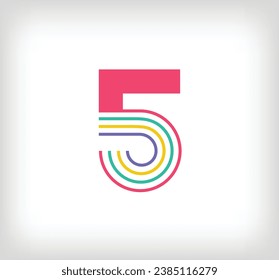 Logo lineal multicolor creativo de la etnia número 5. Líneas numéricas modernas con nuevos colores culturales. Plantilla de alfabeto de fuente. Educación geométrica creativa.vector