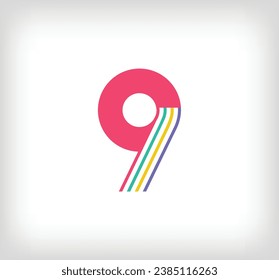 Logo lineal multicolor creativo de la etnia número 9. Líneas numéricas modernas con nuevos colores culturales. Plantilla de alfabeto de fuente. Educación geométrica creativa.vector