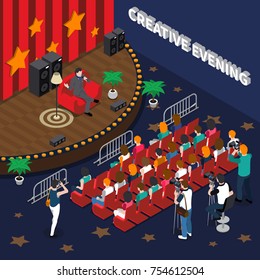 Creative evening isometric composition including artist with microphone on stage, spectators, video and photo shooting vector illustration