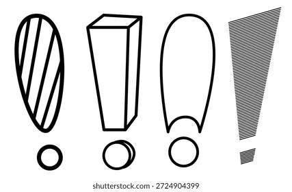 Conjunto de iconos de signo de exclamación creativo con varias Formas distorsionadas, símbolos negros minimalistas sobre fondo blanco.