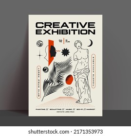 Creative exhibition flyer or poster design template with abstract art elements and shapes on white background. Vector illustration