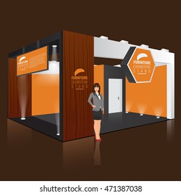 Creative exhibition stand display design with info board. Booth template. Corporate identity. Display Mock-up. Vector Mock up. Unique Trade booth template with beam light effect.