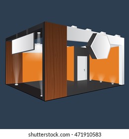 Creative exhibition stand display design with info board. Booth template. Corporate identity. Furniture Wooden material. Vector Mock up. Unique Trade booth template with beam light effect.