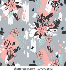 Creative Exotic Flowers and Leaves with Grunge Brush Strokes.Illustration for Surface , Invitation , Notebook, Banner , Wrap Paper ,Textiles, Cover, Magazine ,Postcard Background ,Textile