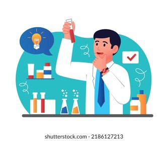 Creative experiment in lab. Man displaces chemicals and reagents. Character in medical gown in laboratory. Science and research, medication or cosmetic development. Cartoon flat vector illustration