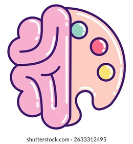 Creative Expression icon represented by brain, paint palette Lineal Color style.
