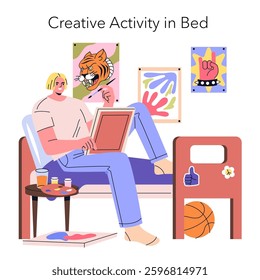 Creative expression takes place in a cozy bedroom setting. An individual engages in artistic projects, surrounded by colorful artwork and supplies. The mood is relaxed and inspiring, showcasing