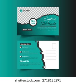 Un diseño de postal de viaje creativo y llamativo con un diseño inspirado en la naturaleza y una insignia de descuento. Perfecto para promocionar ofertas turísticas especiales, descuentos de temporada, paquetes de viaje y campañas de reserva. Adecuado para agencias de viajes, resorts, hoteles y empresas turísticas que buscan aumentar la participación de los Clientes.