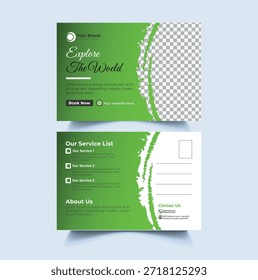 Un diseño de postal de viaje creativo y llamativo con un diseño inspirado en la naturaleza y una insignia de descuento. Perfecto para promocionar ofertas turísticas especiales, descuentos de temporada, paquetes de viaje y campañas de reserva. Adecuado para agencias de viajes, resorts, hoteles y empresas turísticas que buscan aumentar la participación de los Clientes.