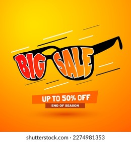 Creative eyeglasses discount banner with glasses with big sale text in the lenses on a yellow summer background. 50 off Vector template. Cartoon style sunglasses promotion.