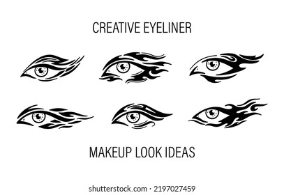 Eyeliner creativo. Elegante maquillaje. Hermosa mujer mira con varios tipos de delineador de ojos. Conjunto de vectores