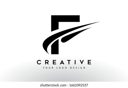 Creative F Letter Logo Design with Swoosh Icon Vector Illustration.