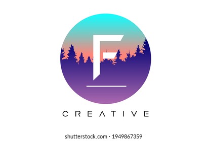 Diseño de logotipo de carta F creativa con formas de vectores de bosque de pino y forma circular pastel Ilustración de color