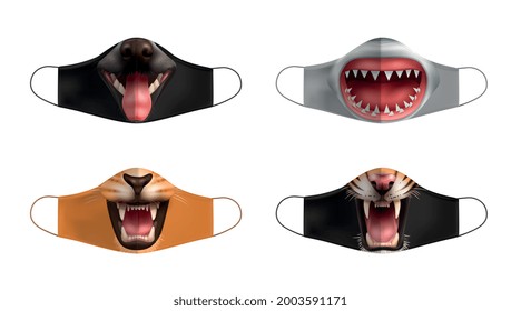 máscaras creativas de protección facial con boca abierta de animal imprimir conjunto realista ilustración vectorial aislada