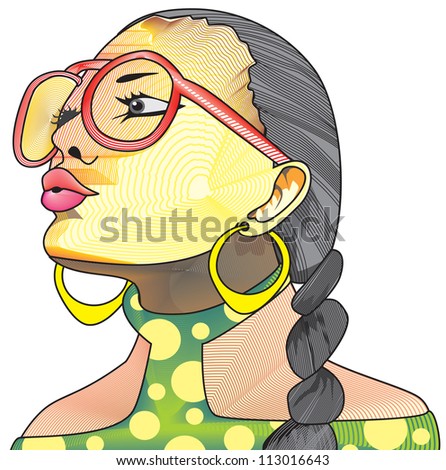 Creative face, woman with eyeglasses, ponytail, earrings, vector illustration