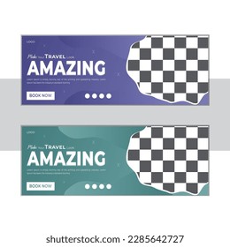 Creative Facebook Cover Banner Design Template For Travel Agency.Abstract Tour Banner Design For Ads, Social Media, and  Holiday Banners With Gradient Backgrounds. Eps 10, Promotion, Marketing.