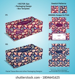 Creative Facial Tissue box template, creative Seamless pattern, vector abstract leaves, Tissue Box Design, premium box ready to print floral leaves pattern, box mock up, Tissue boxes set 