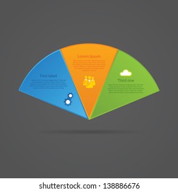 Creative fan template. Three labels with little shadow. Three choices. Template with space for your content. Info graphics elements for presentation, website or poster.