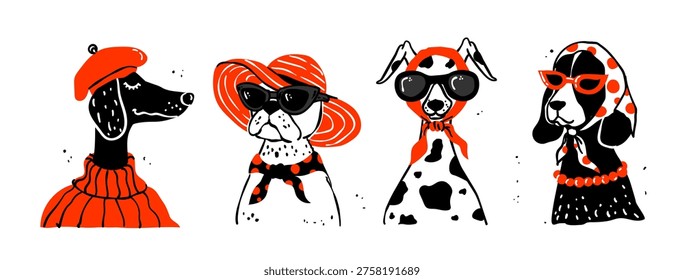 Creative Fancy Dogs Set Wearing Fashion Hats And Sunglasses In Retro Style
