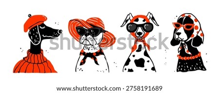 Creative Fancy Dogs Set Wearing Fashion Hats And Sunglasses In Retro Style