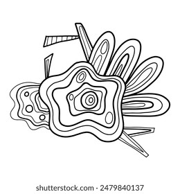 Creative fantasy doodle abstraction for coloring book, crazy surrealistic card isolated on white.