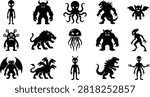 Creative fantasy monster silhouette collection featuring aliens, demons, dragons, kraken, hydra, jellyfish creatures, bats, and other mythical beings in bold black style. Ideal for games, Halloween designs, fantasy illustrations, stickers, apparel, logos, icons, and commercial creative projects.