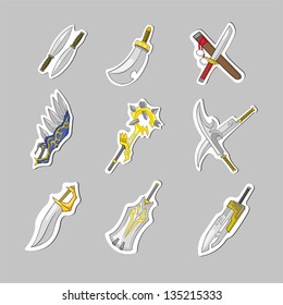 Creative fantasy sword blade knife and kantana icon collection set in sticker isolated background, create by cartoon vector