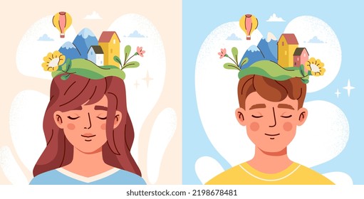 Creative fantasy thinking concept. Cute man and woman with creative imagination. Brainstorming, coming up with ideas, daydreaming and brain process. Cartoon flat vector illustration collection