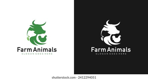 Creative Farm Fresh Logo. Tiere, Kuh, Schwein, Huhn, Viehlogo Symbol Vektordesign Vorlage.