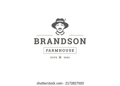 Creative farm market organic agriculture production business logo template design vector illustration. Decorative farmhouse emblem ecology food meat bakery vegetables and fruit local company