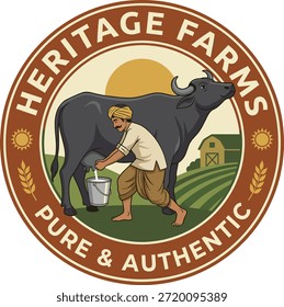 A creative farmer character logo design representing agriculture, farming, and dairy farm concepts. The logo features a farmer holding wheat and grass elements, symbolizing crop cultivation, dairy farming, rural lifestyle, and organic agriculture. This editable EPS vector logo is suitable for farm brands, dairy products, organic food businesses, agriculture startups, milk brands, and rural farming identities. Fully scalable and easy to customize for professional branding