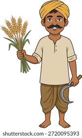 A creative farmer character logo design representing agriculture, farming, and dairy farm concepts. The logo features a farmer holding wheat and grass elements, symbolizing crop cultivation, dairy farming, rural lifestyle, and organic agriculture. This editable EPS vector logo is suitable for farm brands, dairy products, organic food businesses, agriculture startups, milk brands, and rural farming identities. Fully scalable and easy to customize for professional branding