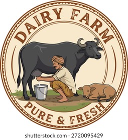 A creative farmer character logo design representing agriculture, farming, and dairy farm concepts. The logo features a farmer holding wheat and grass elements, symbolizing crop cultivation, dairy farming, rural lifestyle, and organic agriculture. This editable EPS vector logo is suitable for farm brands, dairy products, organic food businesses, agriculture startups, milk brands, and rural farming identities. Fully scalable and easy to customize for professional branding