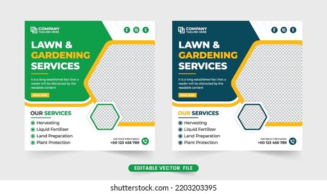 Creative farming business social media marketing template with green and blue colors. Lawn and gardening service web banner vector. Garden care and landscaping service template for social media.