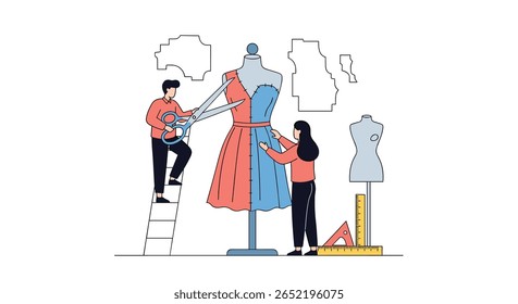 Processo de design de moda criativo ilustrando técnicas de alfaiataria e costura para criação de vestuário único