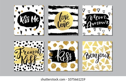 Creative fashion glamour hand drawn calligraphic card set. Vector collection of black, white, gold textured cards. Beautiful posters with geometric shapes. Sign hello, love in french.