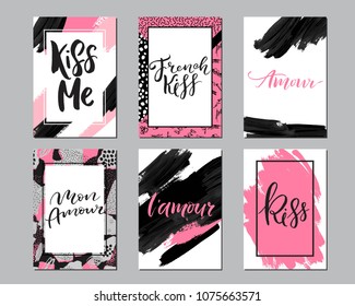 Creative fashion glamour hand drawn calligraphic card set. Vector collection of black, white, pink textured cards. Sign Love in french. Romantic Valentine's  day background.