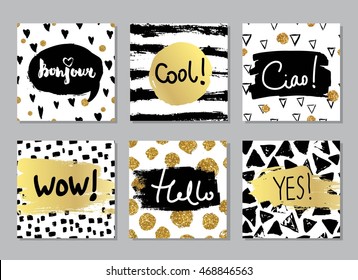 Creative fashion glamour hand drawn calligraphic card set. Vector collection of black, white, gold textured cards. Beautiful posters with geometric shapes. Sign hello in french and italian.