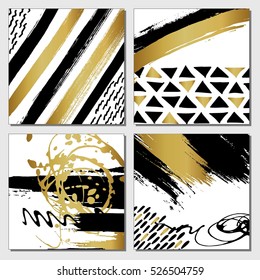 Creative fashion glamour hand drawn calligraphic card set. Vector collection of black, white, gold textured cards. Beautiful posters with geometric shapes