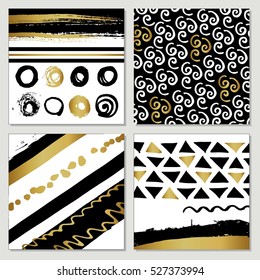 Creative fashion glamour hand drawn calligraphic card set. Vector collection of black, white, gold textured cards. Beautiful posters with geometric shapes.