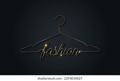 Diseño creativo del logo de la moda. Signo vectorial de oro con letra y símbolo de percha. Caligrafía de Logotipo Metálico en estilo de arte en línea aislado en fondo negro 