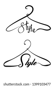 Creative fashion style logo design. Vector sign with lettering and hanger symbol. Logotype calligraphy